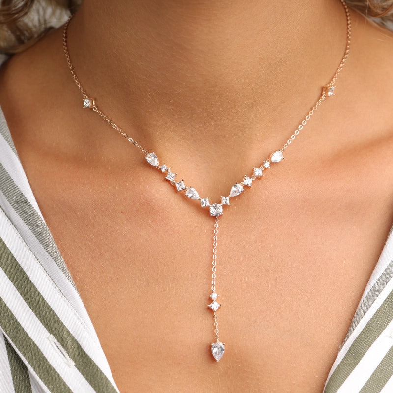 שרשרת עניבה כסף 925 משובצת זרקונים ציפוי רוז גולד