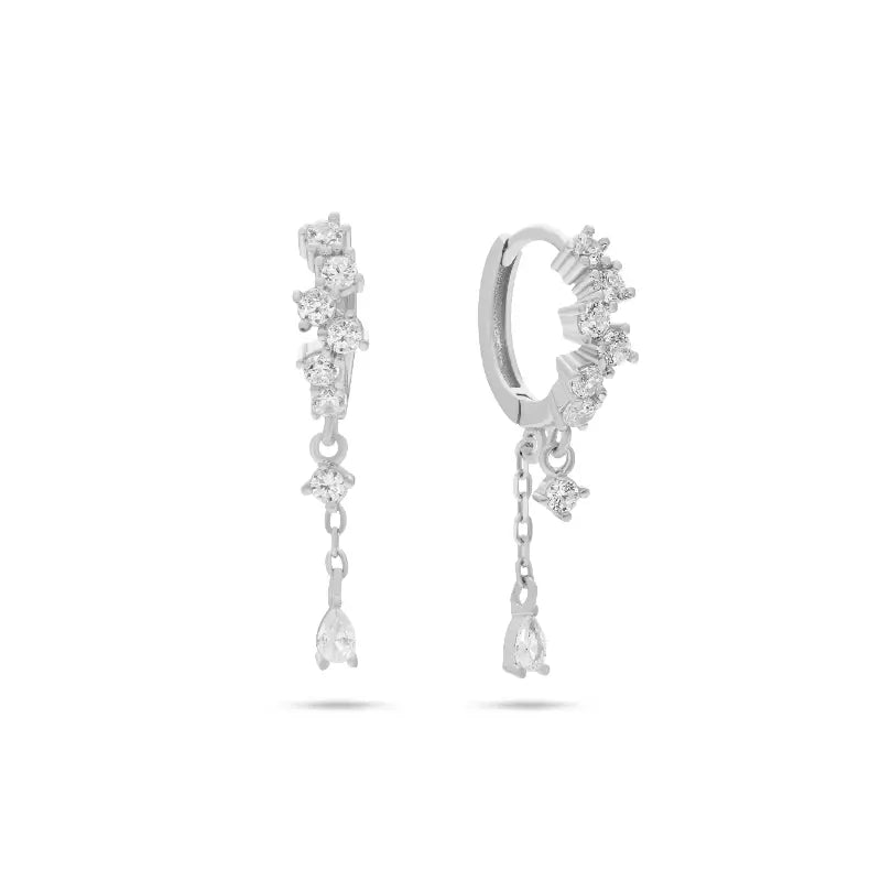 עגילי חישוק כסף 925 עם שרשרת וטיפה משובצת זירקונים