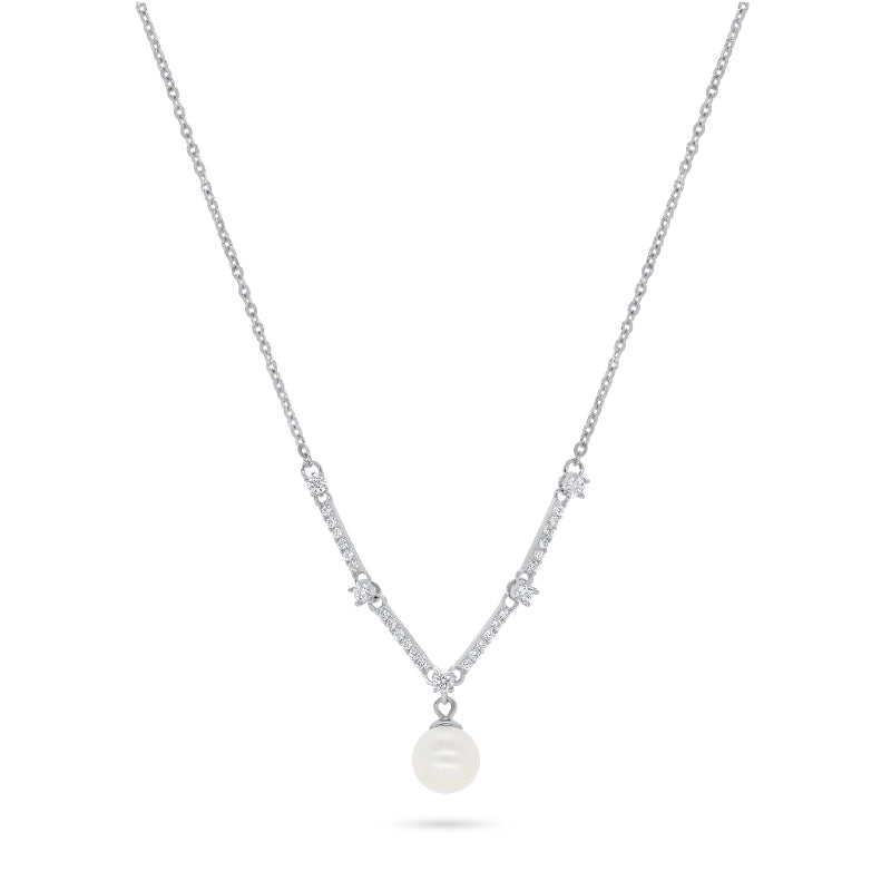 שרשרת כסף 925 V עם פנינה משתלשלת וזרקונים