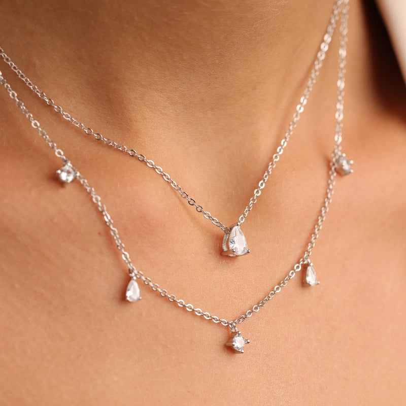שרשרת כסף שתי שכבות תליוני טיפות זרקון