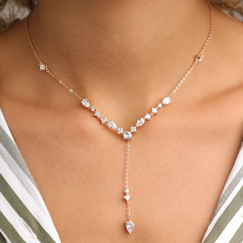 שרשרת עניבה כסף 925 משובצת זרקונים ציפוי רוז גולד