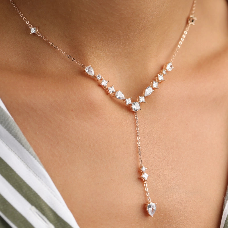 שרשרת עניבה כסף 925 משובצת זרקונים ציפוי רוז גולד