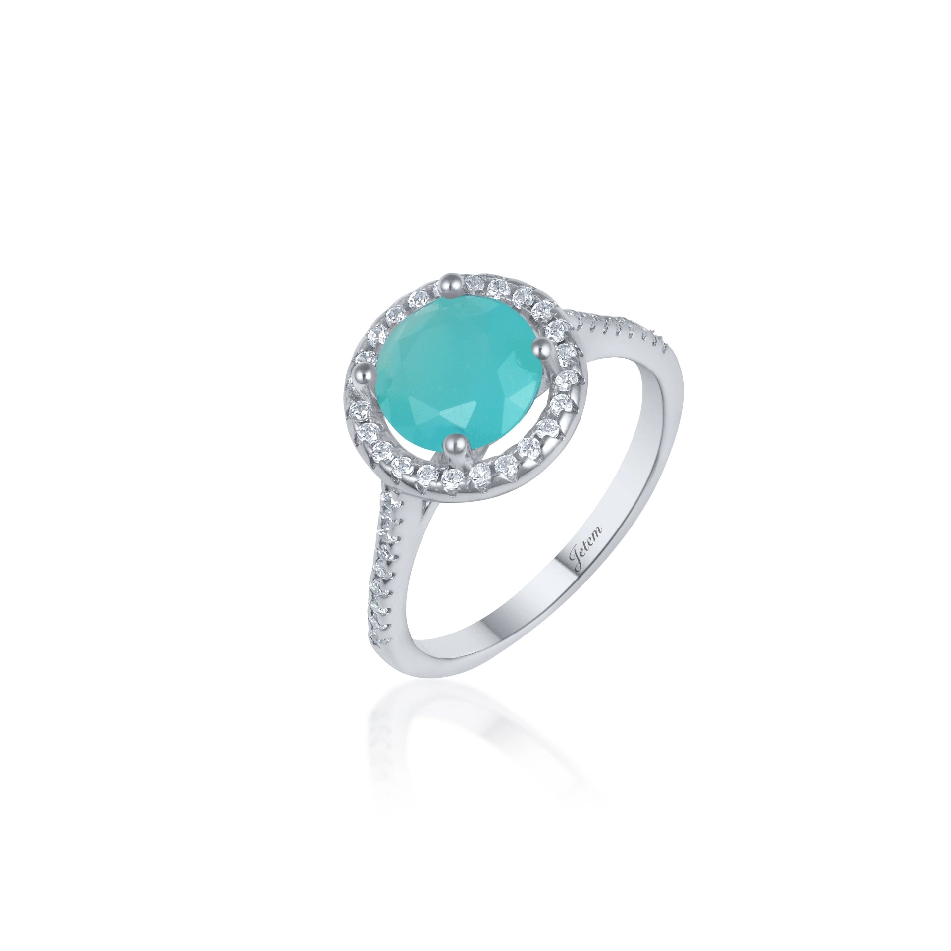 טבעת כסף סוליטר עם אבן טורקיז ושיבוץ זרקונים